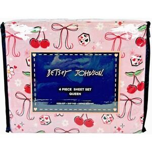 Betsey Johnson Cherry Bow Dice Sheet Set Queen Pink Coquette Bedding 4pc